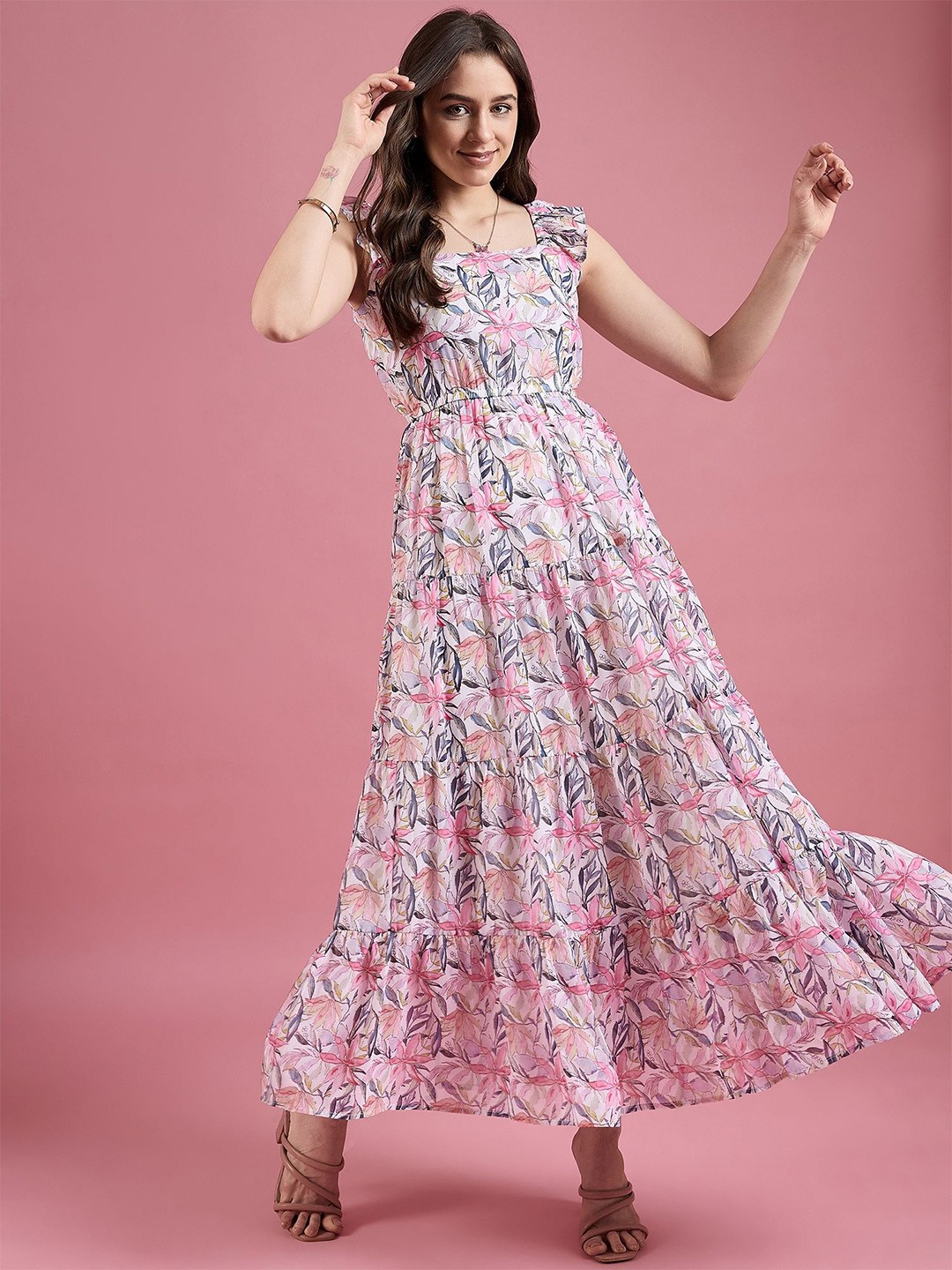 

DressBerry Floral Print Georgette Maxi Dress, Cream