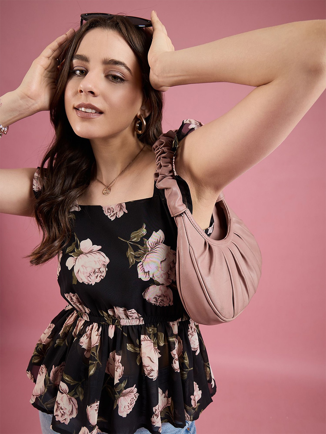 

DressBerry Floral Printed Gathered Square Neck Peplum Top, Black