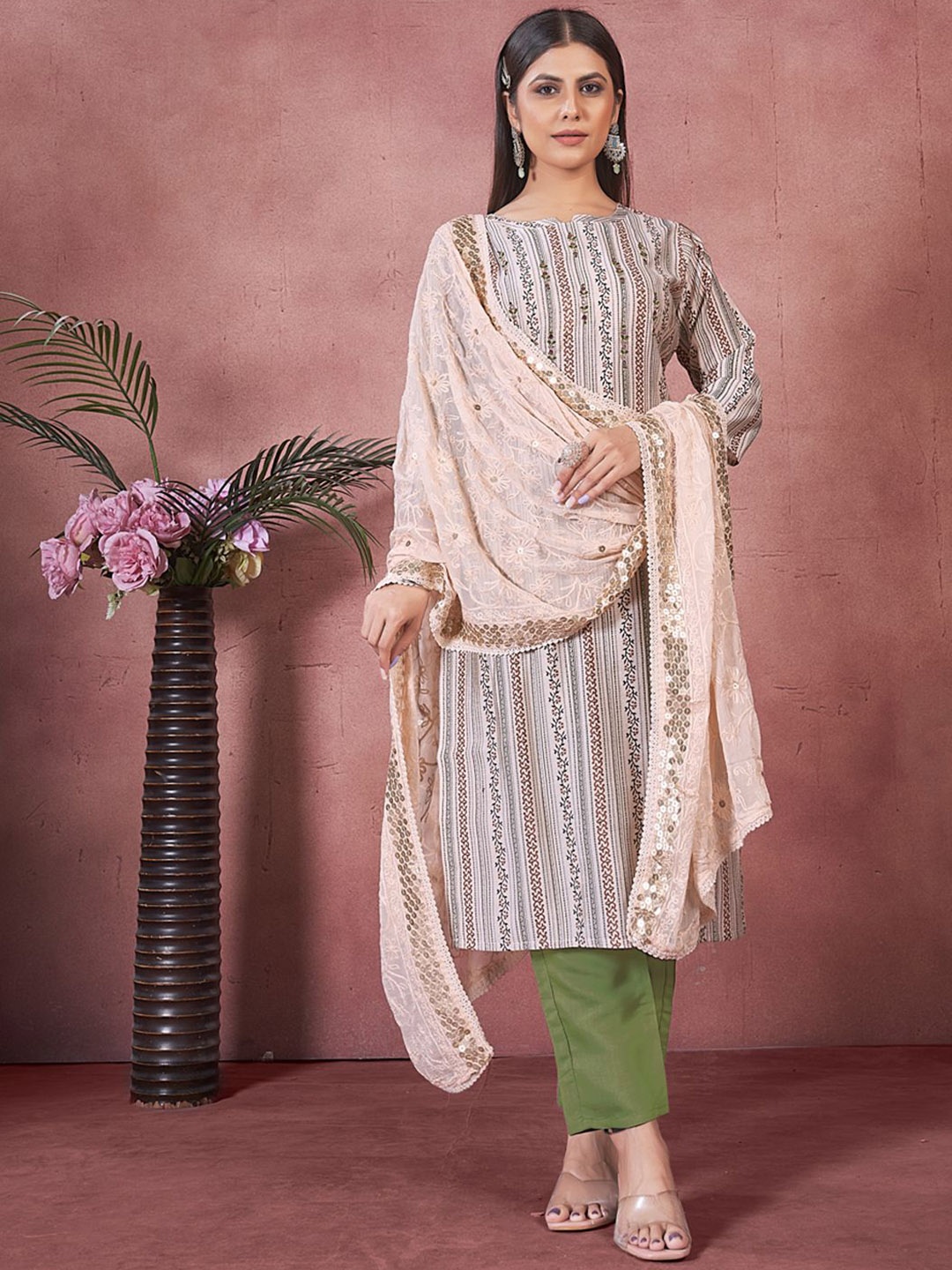 

MINGORA Ethnic Motifs Printed Round Neck Straight Kurta With Trousers & Dupatta, Beige