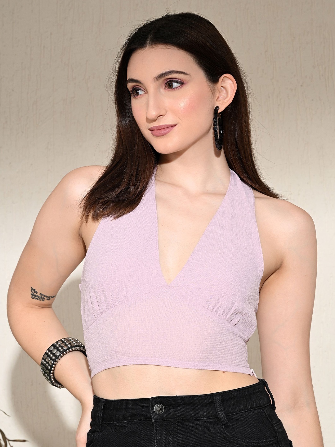 

PANDORNA Solid Halter Neck Styled Back Crop Top, Pink
