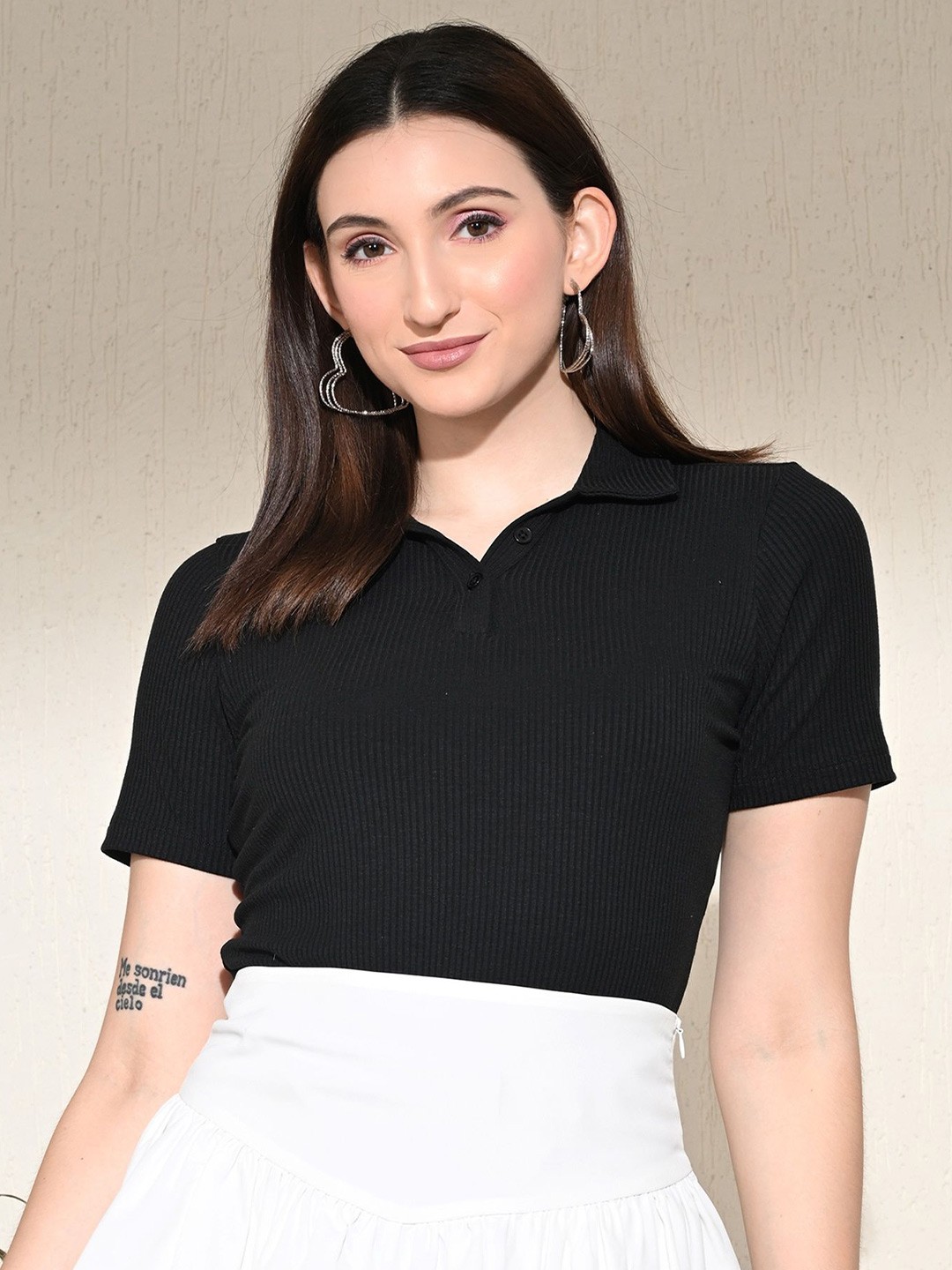 

PANDORNA Solid Knits Shirt Collar Top, Black