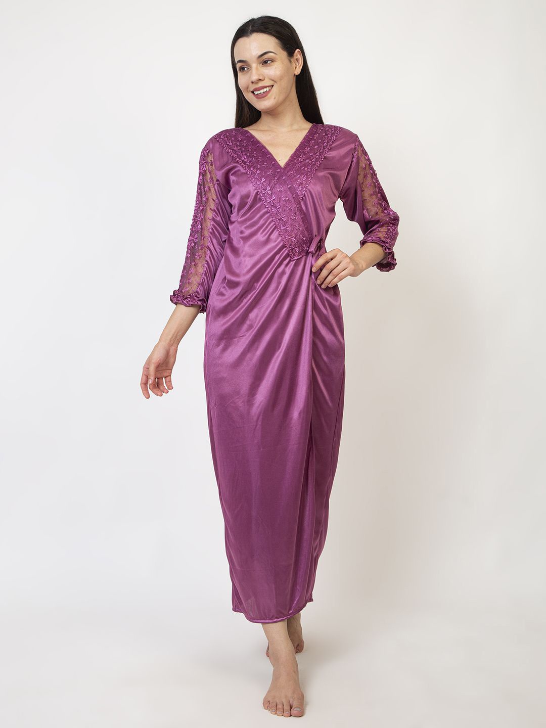 

AVYAY V-Neck Three Quarter Sleeves Maxi Wrap Nightdress, Purple