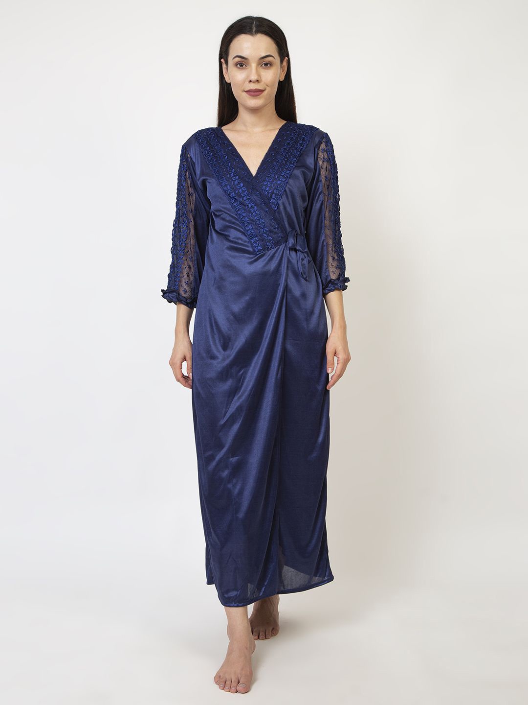 

AVYAY V-Neck Three Quarter Sleeves Maxi Wrap Nightdress, Blue