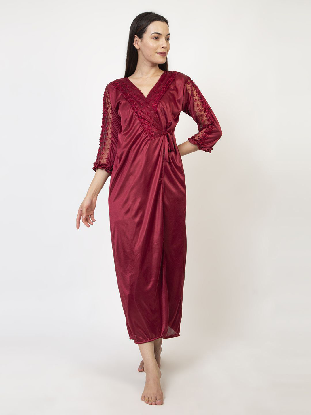 

AVYAY V-Neck Three-Quarter Sleeves Maxi Wrap Nightdress, Maroon