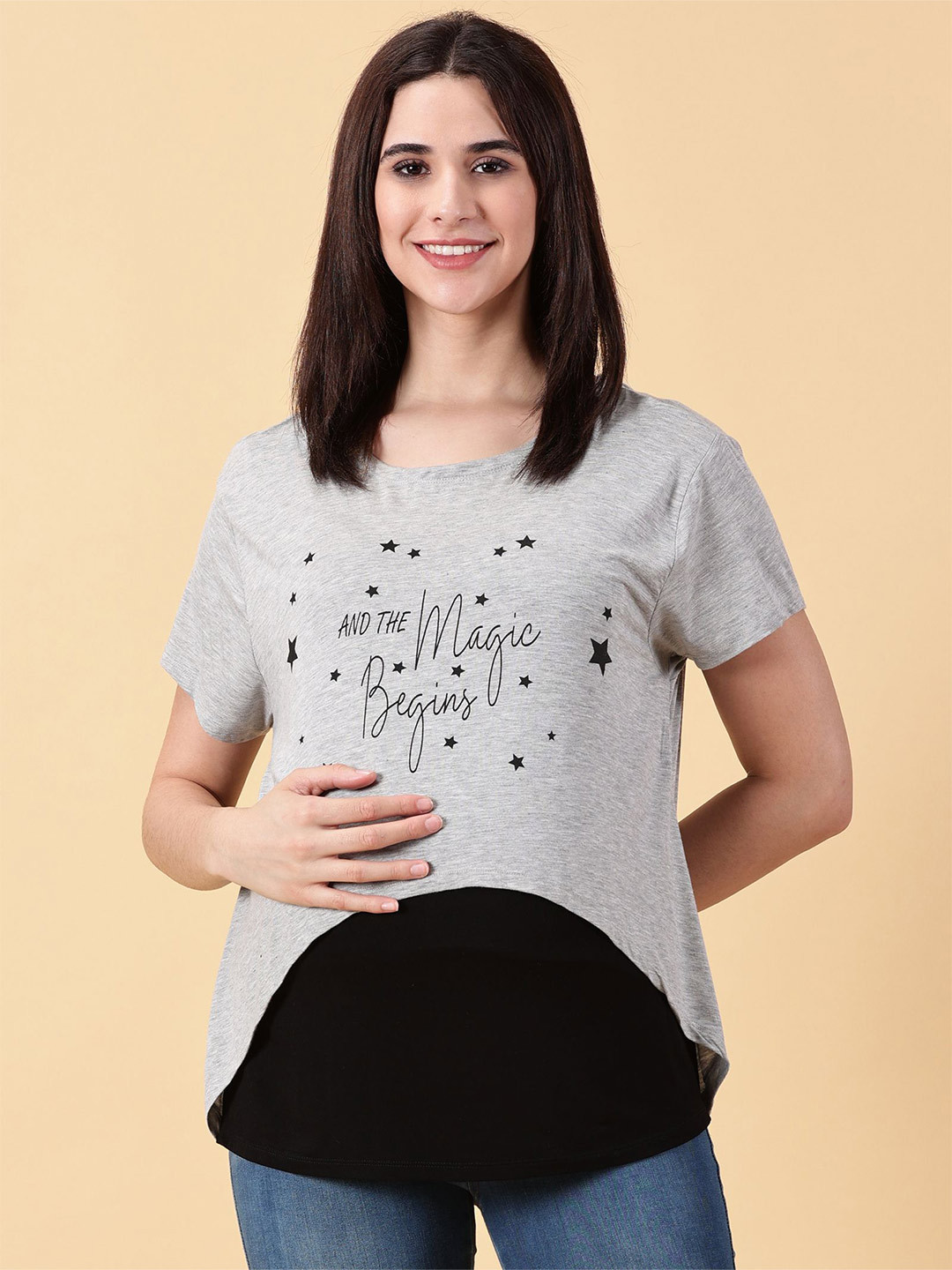 

PURPLE FLAUNT Typography Printed Round Neck Cotton Top, Grey