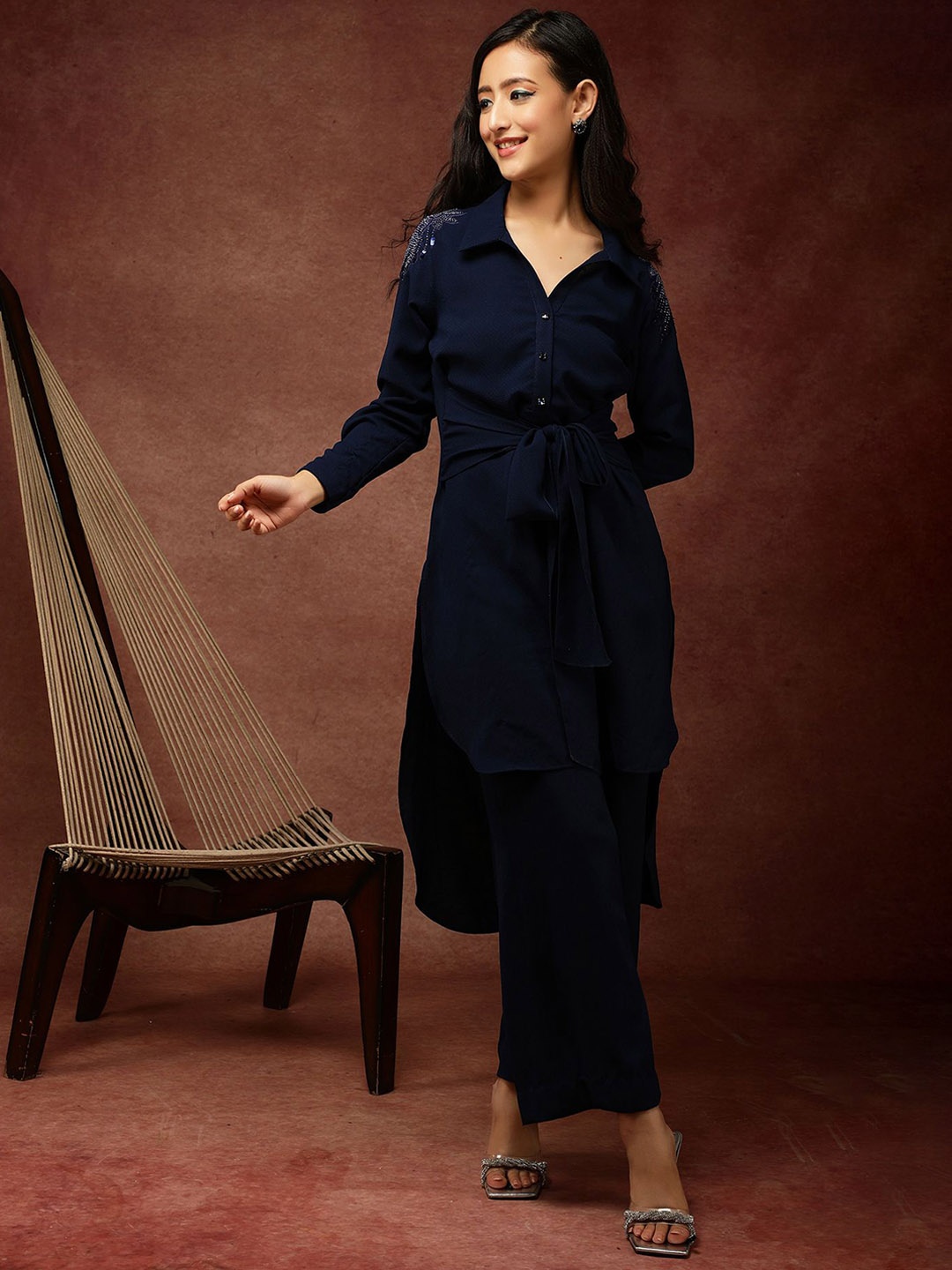 

Ranng Embellished Shirt V-Neck Tunic With Trouser, Blue