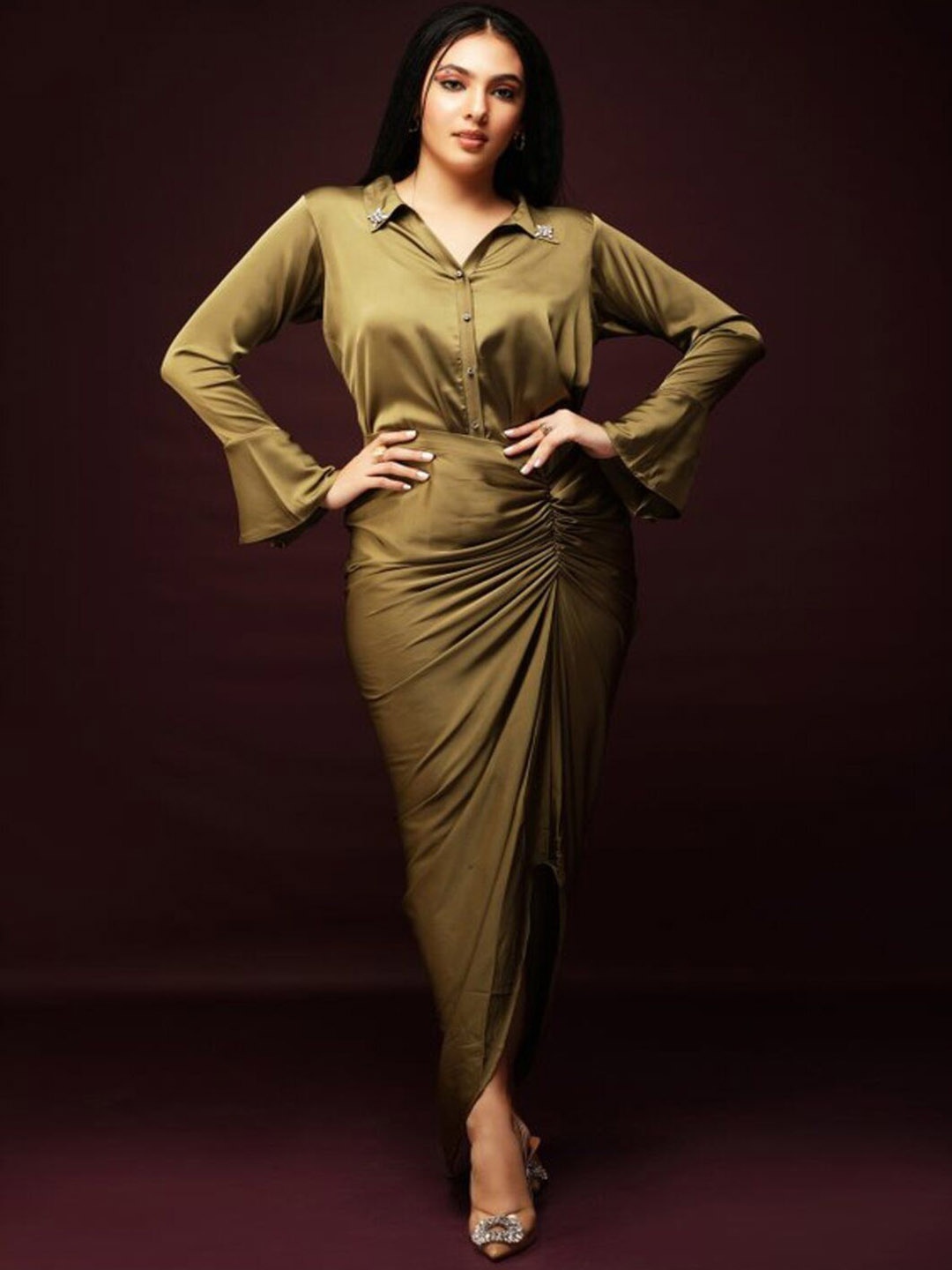 

Ranng Long Sleeves Shirt With Skirt, Olive