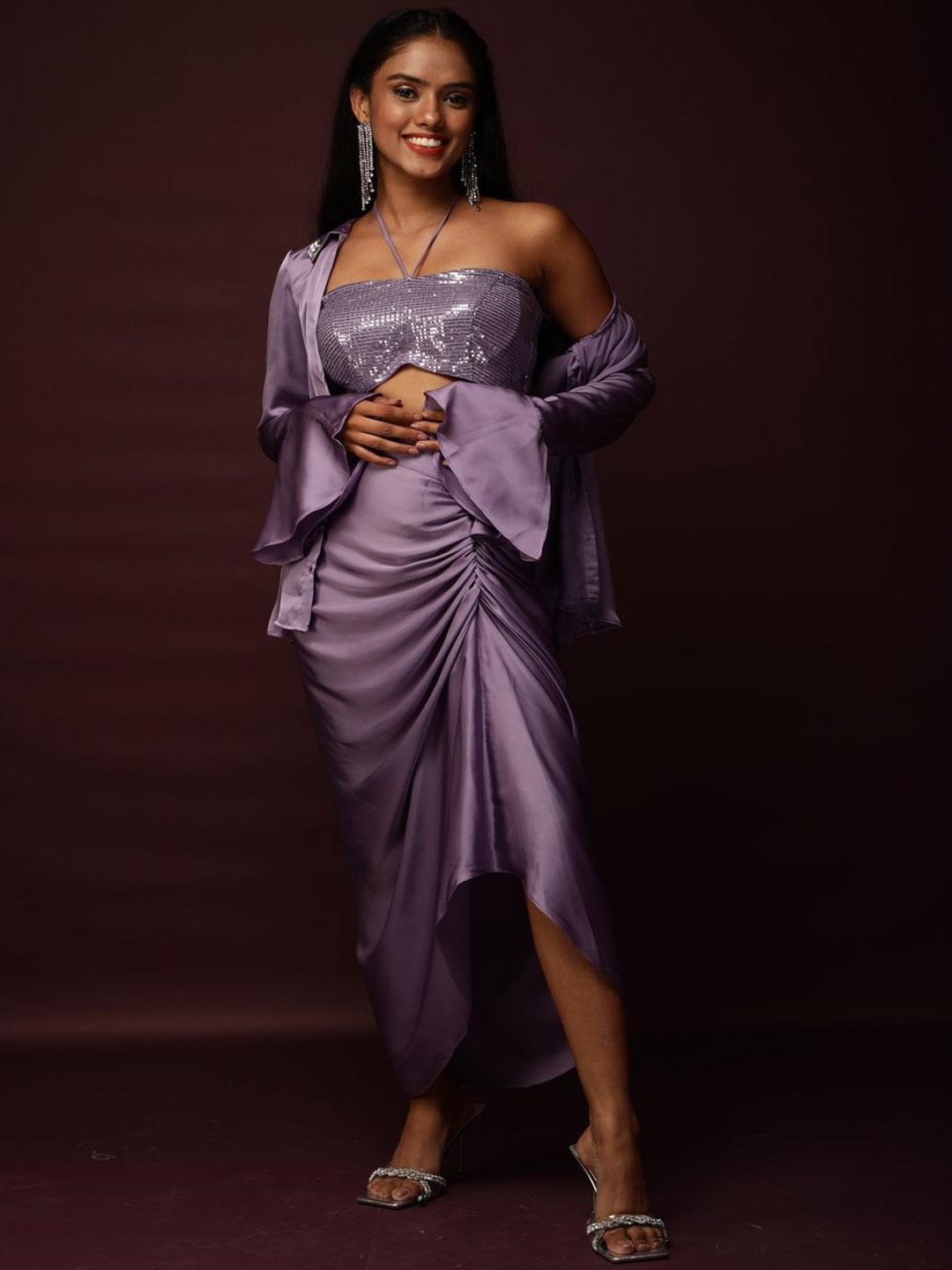 

Ranng Embellished Scoop Neck Crop-Top & Shrug With Skirt Co-Ords, Purple