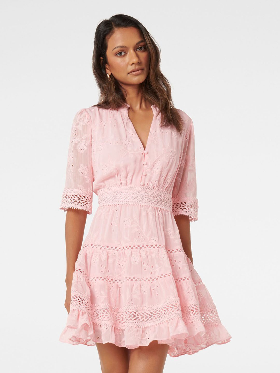 

Forever New Embroidered Fit & Flare Dress, Pink