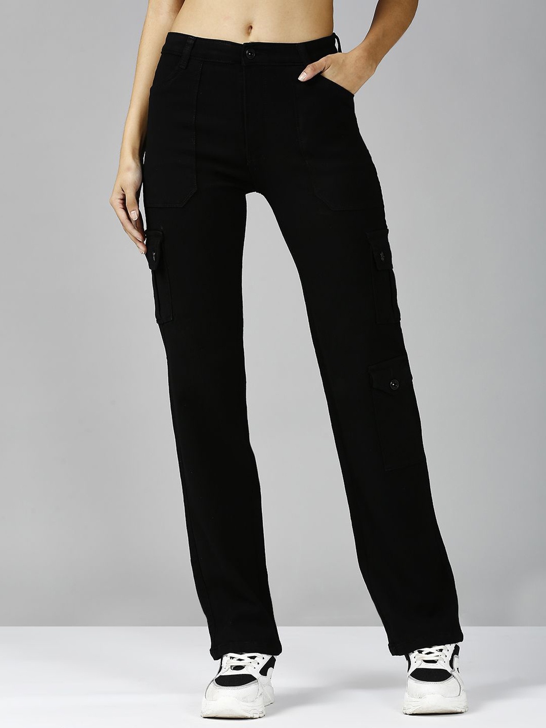 

The Roadster Lifestyle Co. Women Comfort Straight-Fit High-Rise Stretchable Cargo Jeans, Black