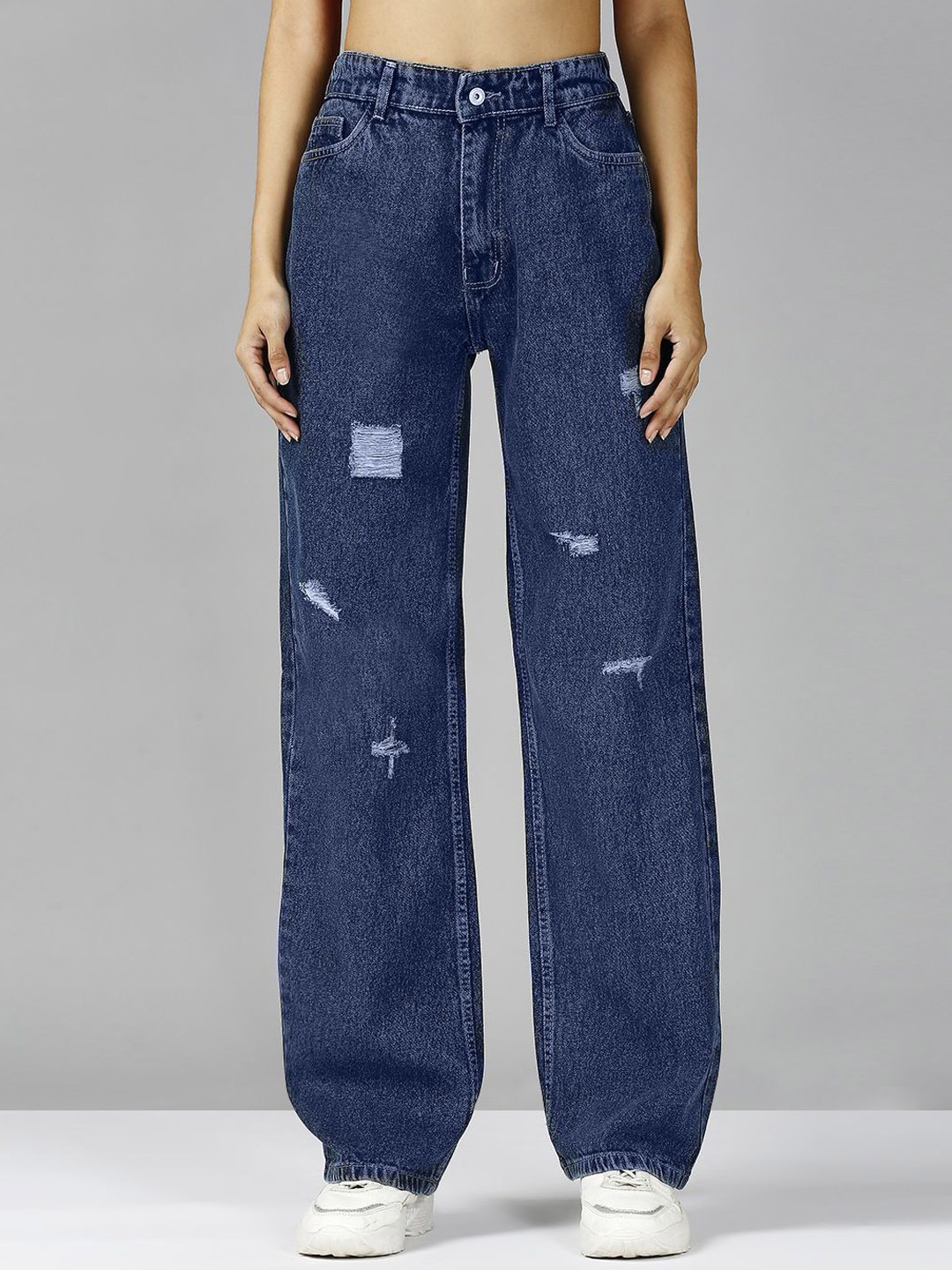 

The Roadster Lifestyle Co.Straight Fit Mildly Distressed High-Rise Jeans, Blue