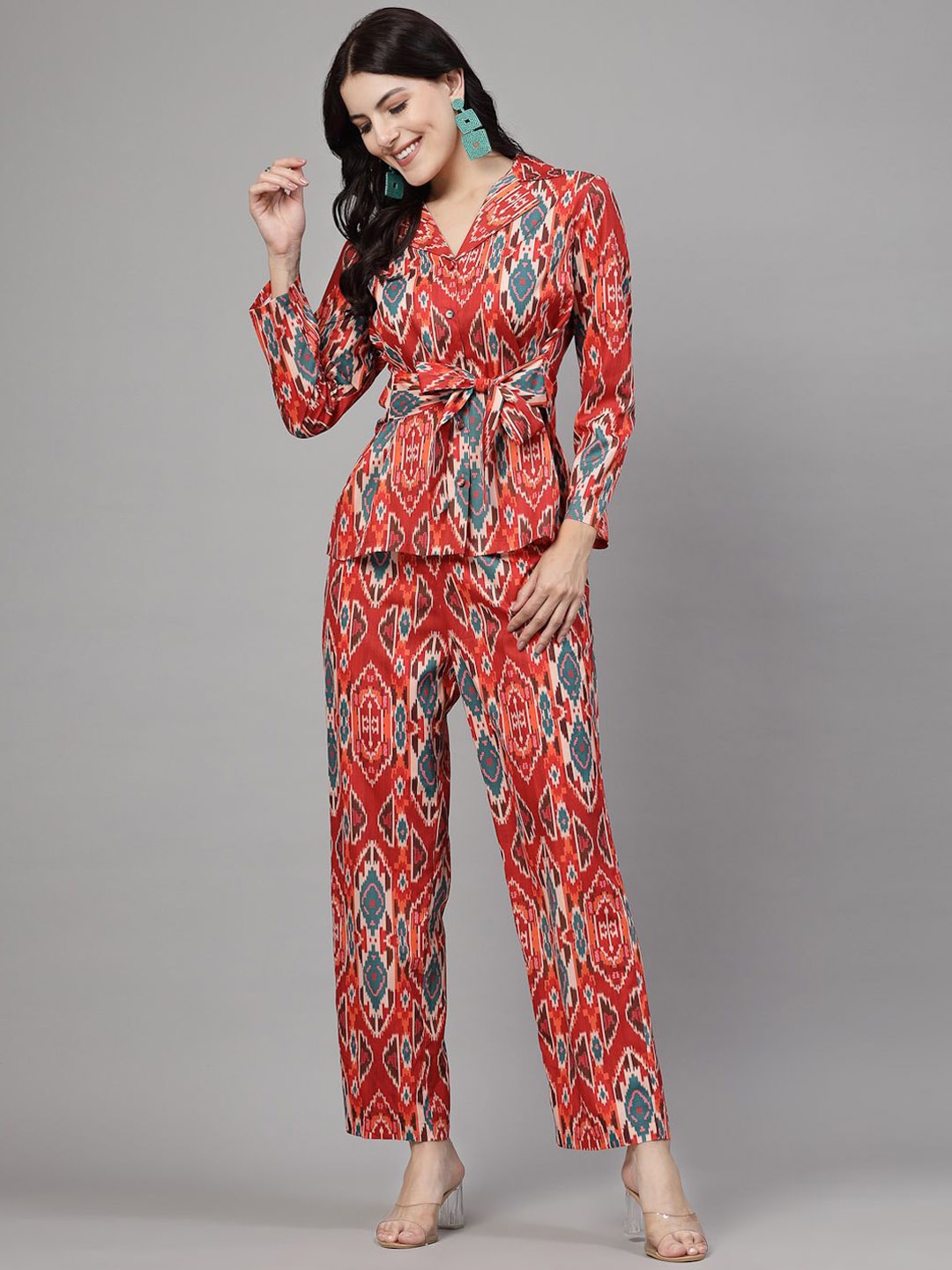 

JEFF COOPER Ikkat Printed Shirt With Trousers, Red