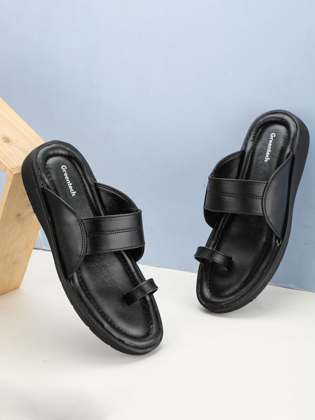 

Greentech Men Leather Kolhapuri Comfort Sandals, Black