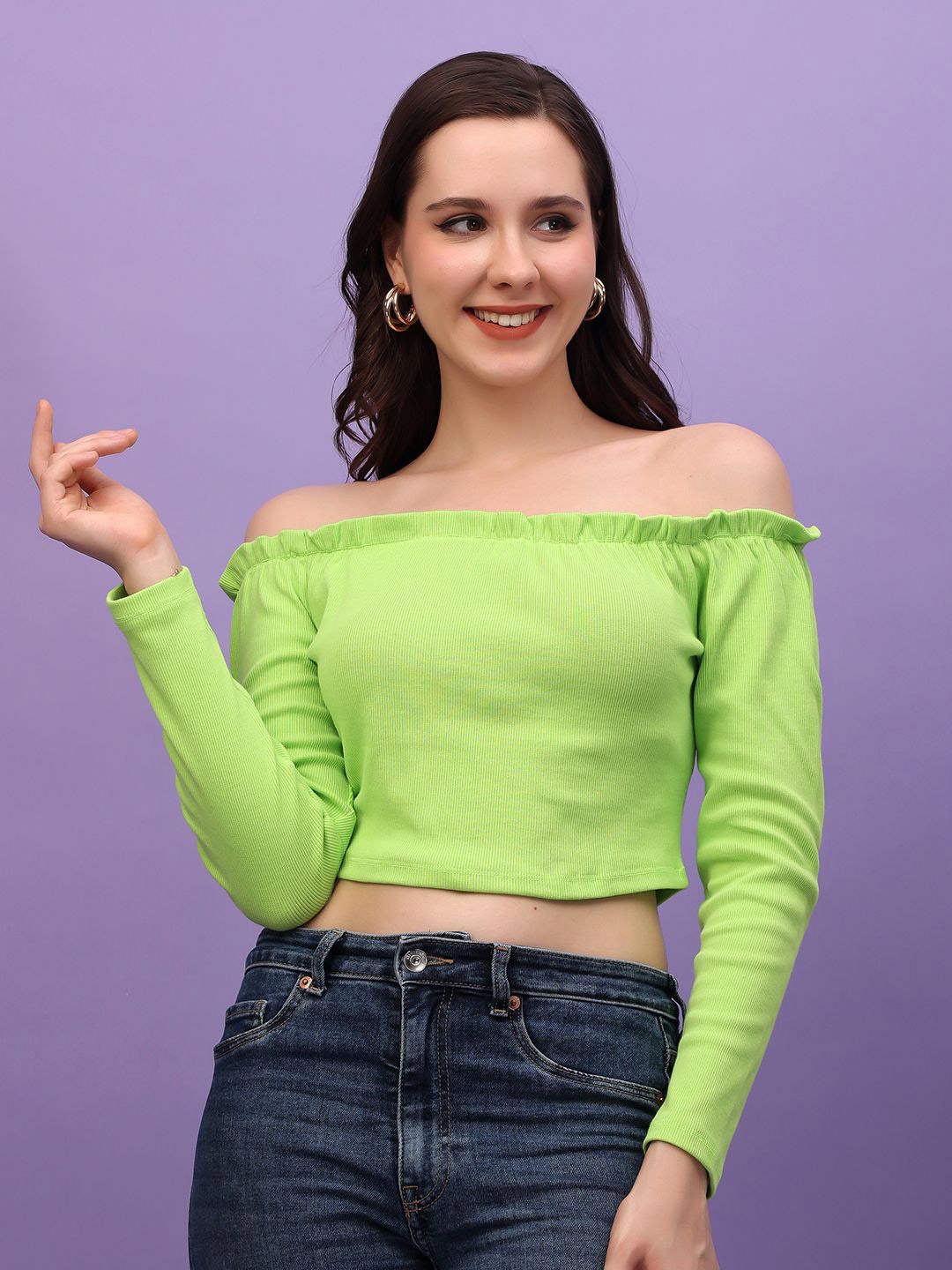 

Cation Off-Shoulder Bardot Crop Top, Lime green