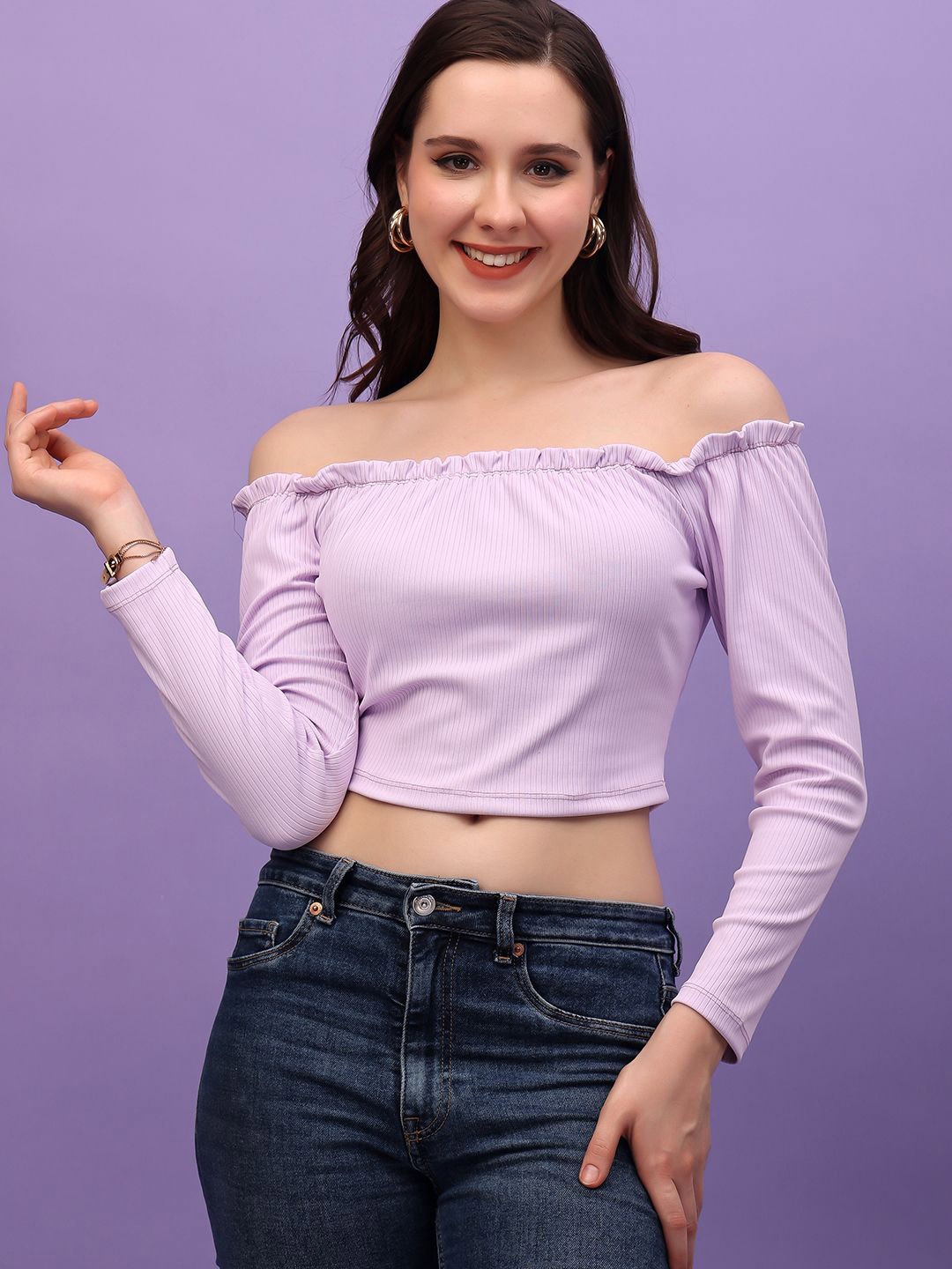 

Cation Off-Shoulder Bardot Crop Top, Purple