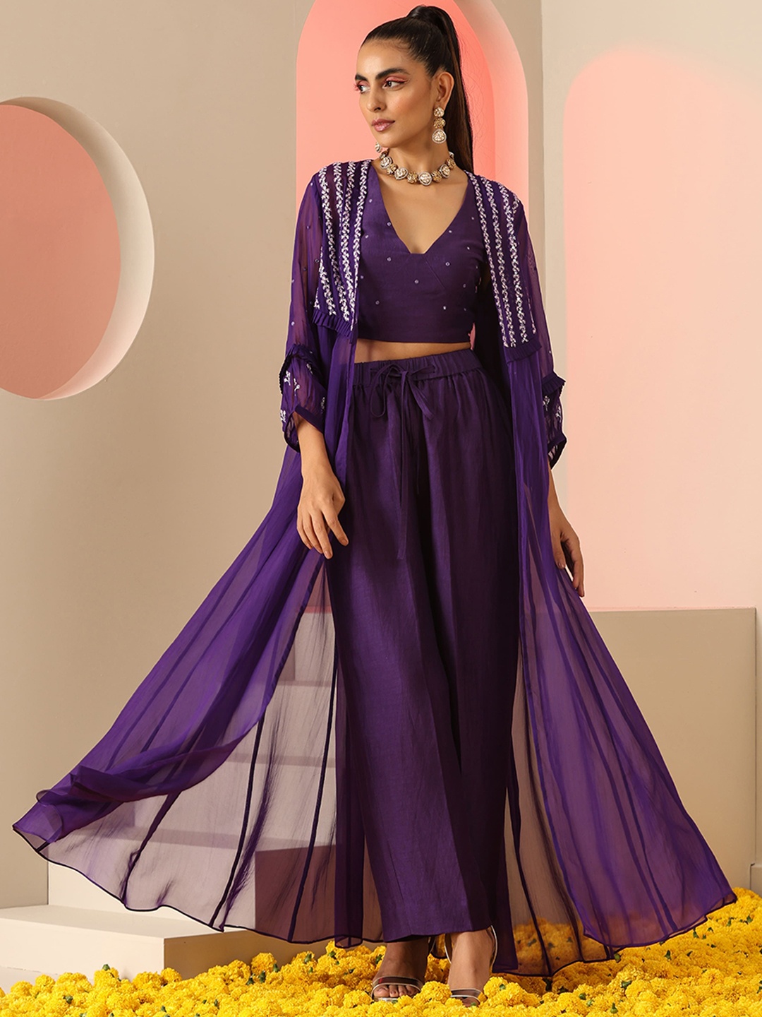 

KUDI PATAKA Tina Embellished Crop Top Wih Jacket & Trousers, Purple