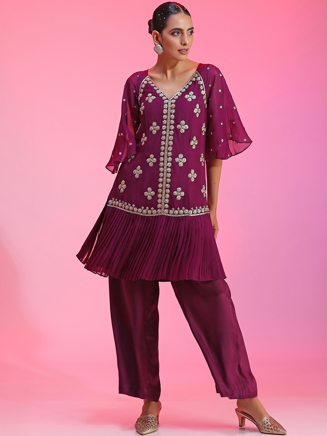 

KUDI PATAKA Sequin Embellished Short Sleeve Tunic Slip & Trouser Co-Ords, Purple