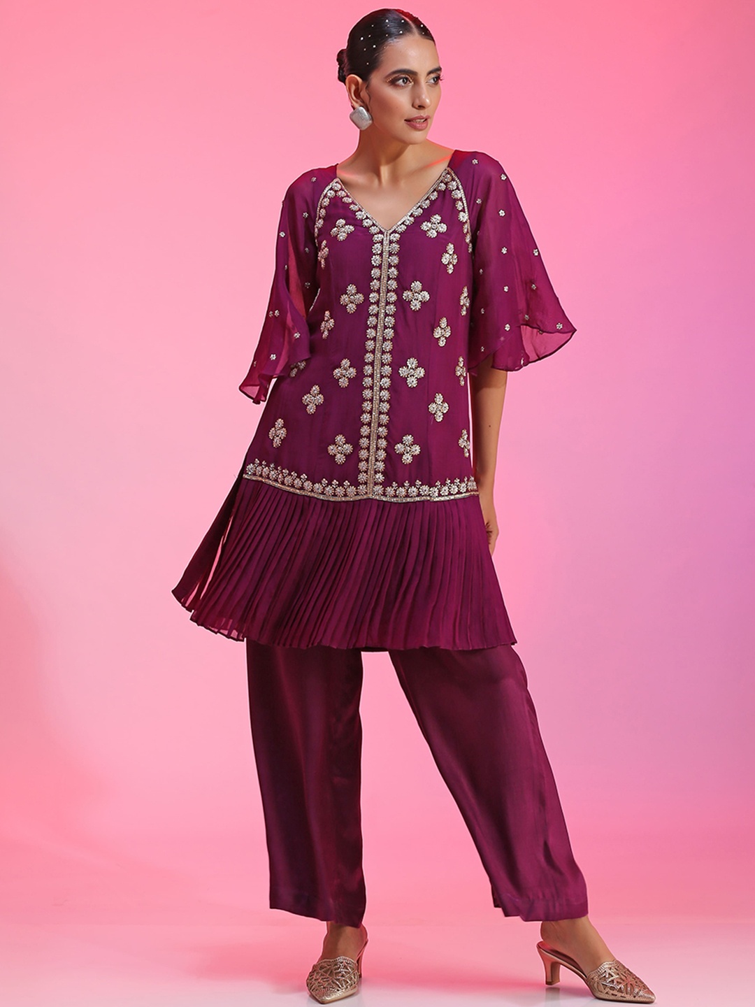 

KUDI PATAKA Embellished Overlay Top & Slip With Palazzo Co-Ords, Purple
