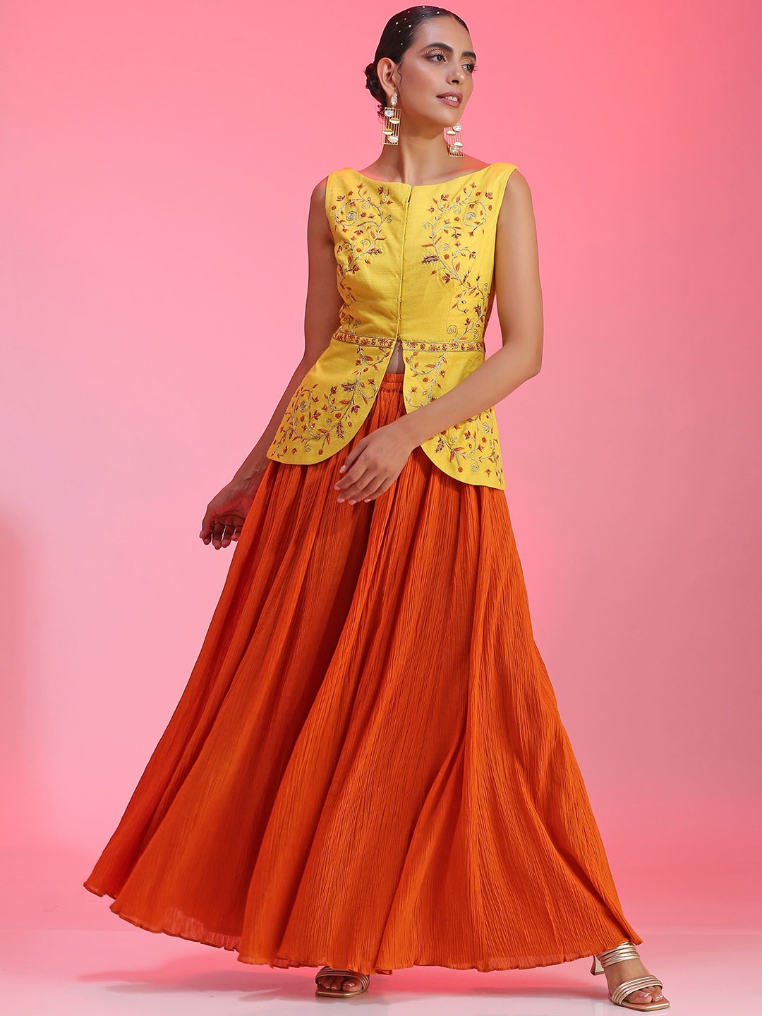 

KUDI PATAKA Floral Embroidered Sleeveless Top & Palazzo Co-Ords, Yellow