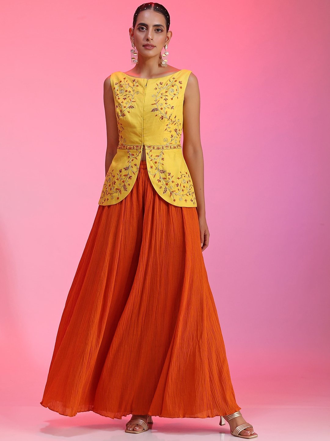 

KUDI PATAKA Floral Embroidered Top With Palazzo Co-Ords, Red