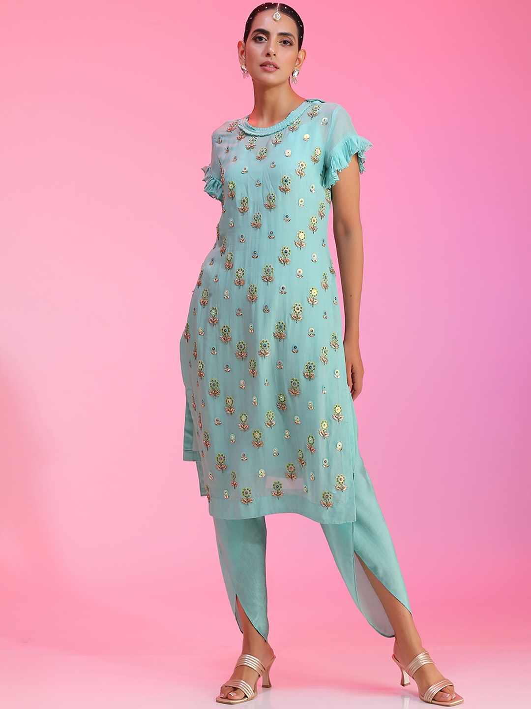 

KUDI PATAKA Floral Embroidered Top With Trouser Co-Ords, Turquoise blue