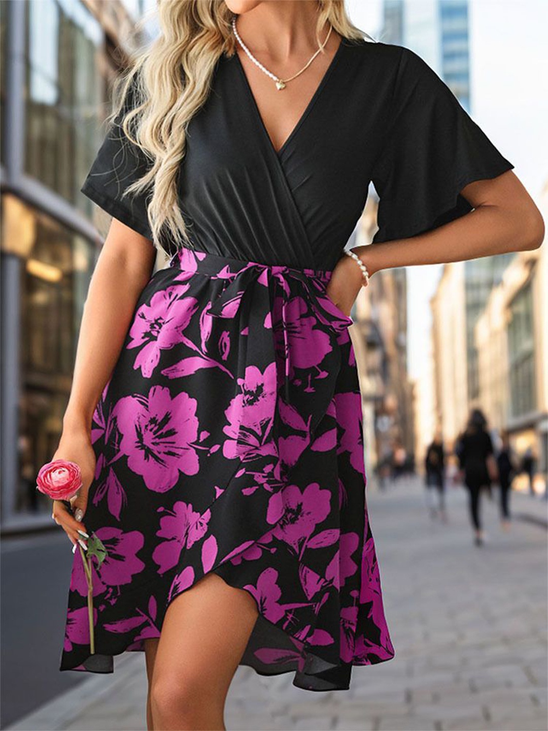 

StyleCast women Floral Printed V-Neck Wrap Dress, Black