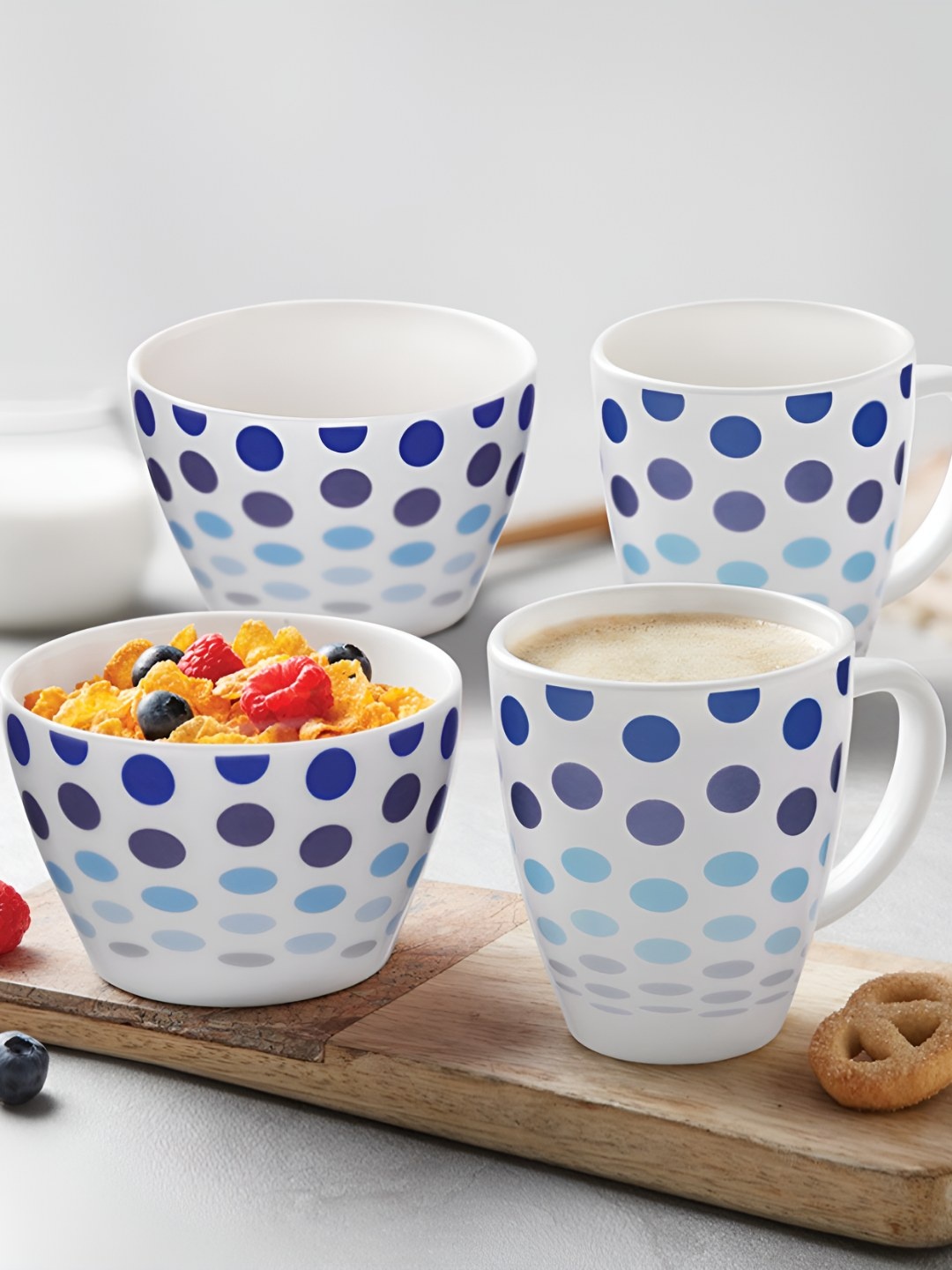 

Larah by BOROSIL White & Blue 4 Pieces Printed Opalware Bowl & Mug Set