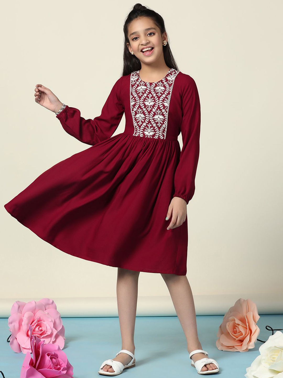 

FASHION DREAM Girls Solid Printed Round Neck Fit And Flare Dress, Maroon