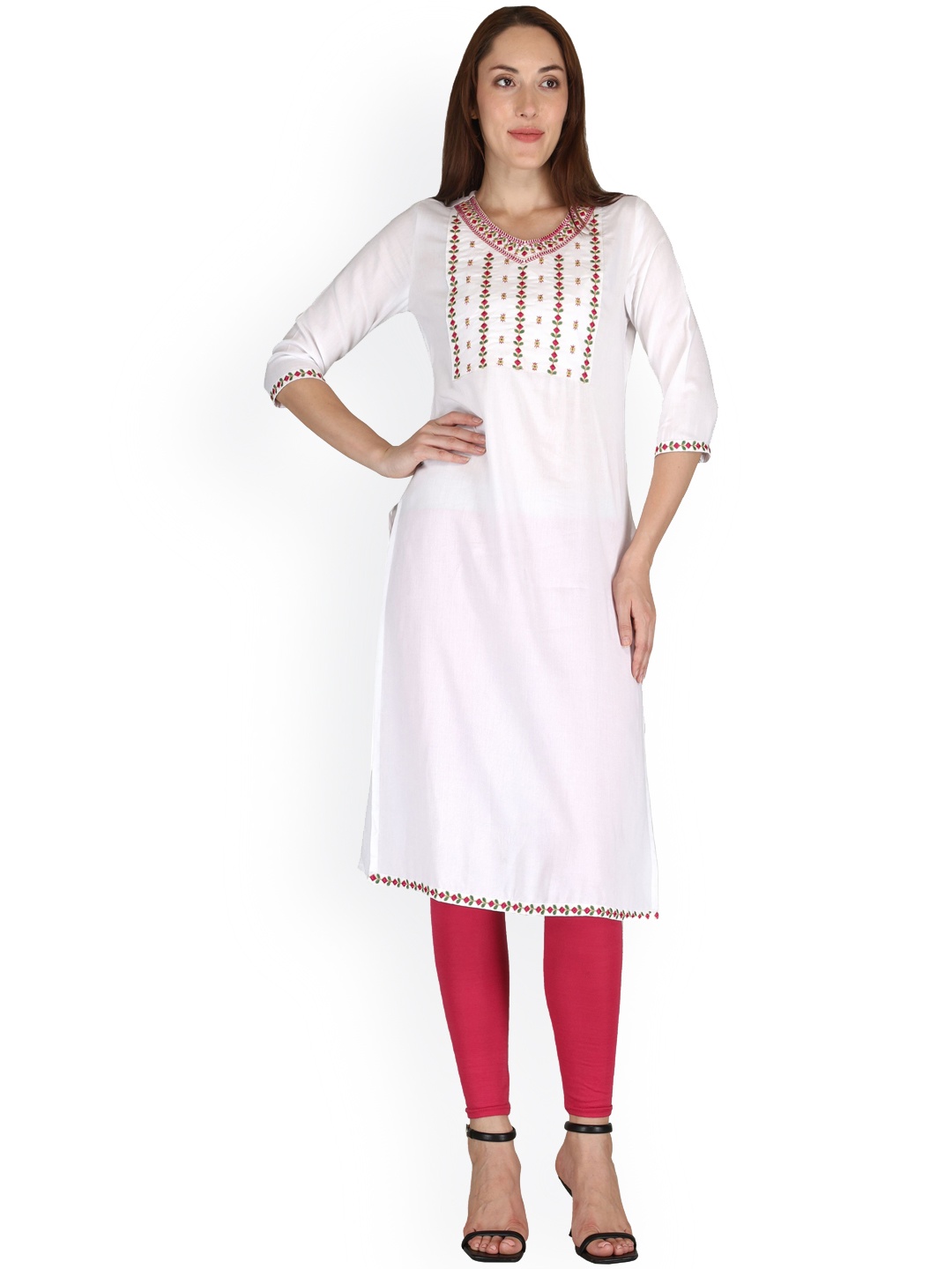 

NEW4U Floral Yoke Design Thread Work Straight Kurta, White