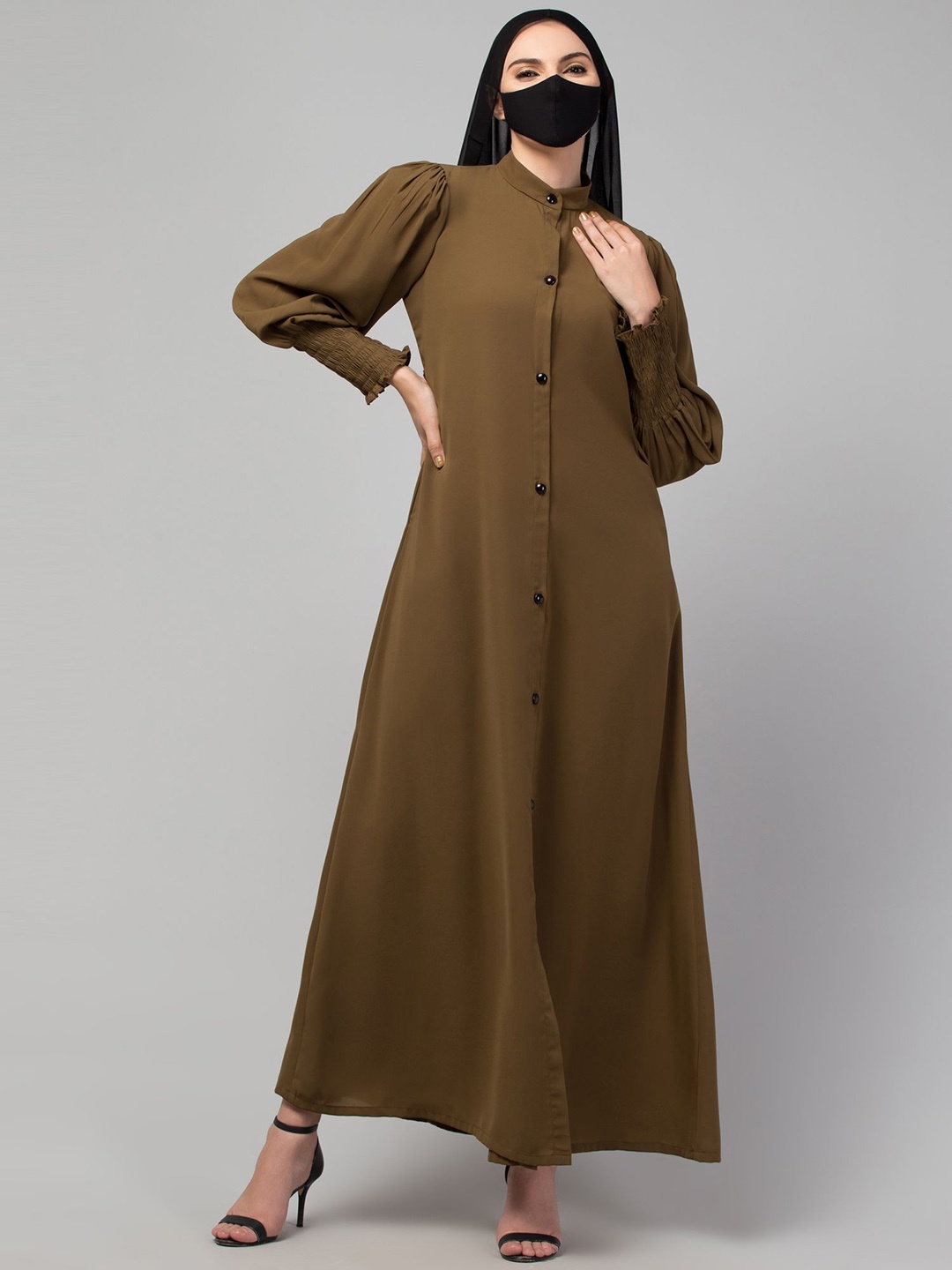 

MUSHKIYA Round Neck Solid Abaya Burqa With Scarf, Olive