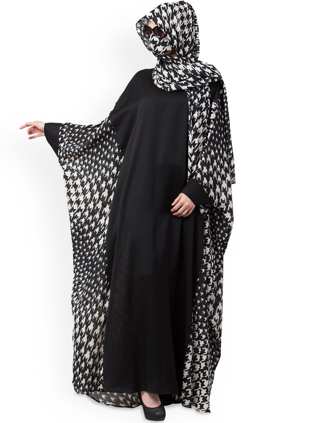 

MUSHKIYA Round Neck Printed Abaya Burqa With Scarf, Black
