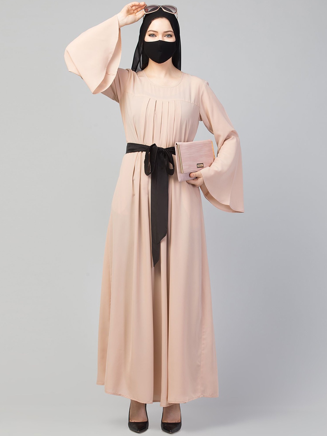 

MUSHKIYA Abaya With Pleats & Belt Burqas With Hijab, Beige