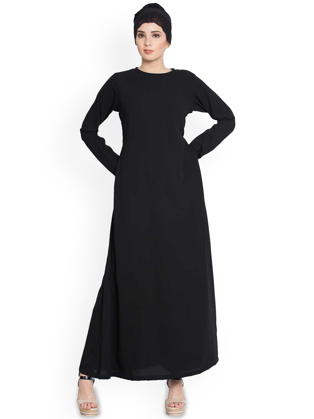 

MUSHKIYA Round Neck A Line Abaya With Side Pocket Burqas, Black