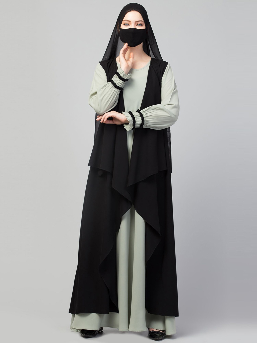 

MUSHKIYA Round Neck Solid Abaya With Shrug & Hijab Burqas, Sea green