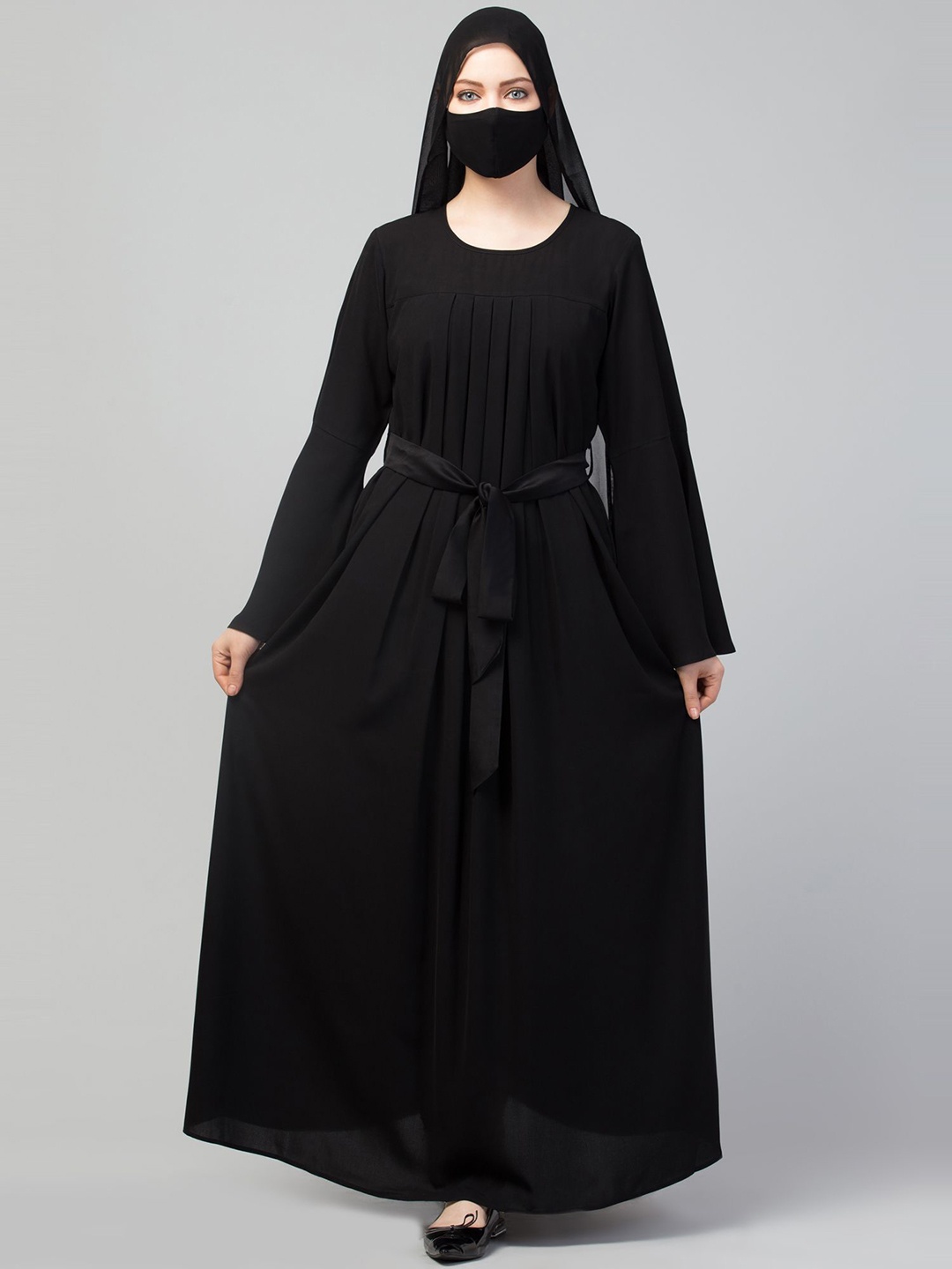 

MUSHKIYA Round Neck Solid Abaya Burqa With Scarf, Black