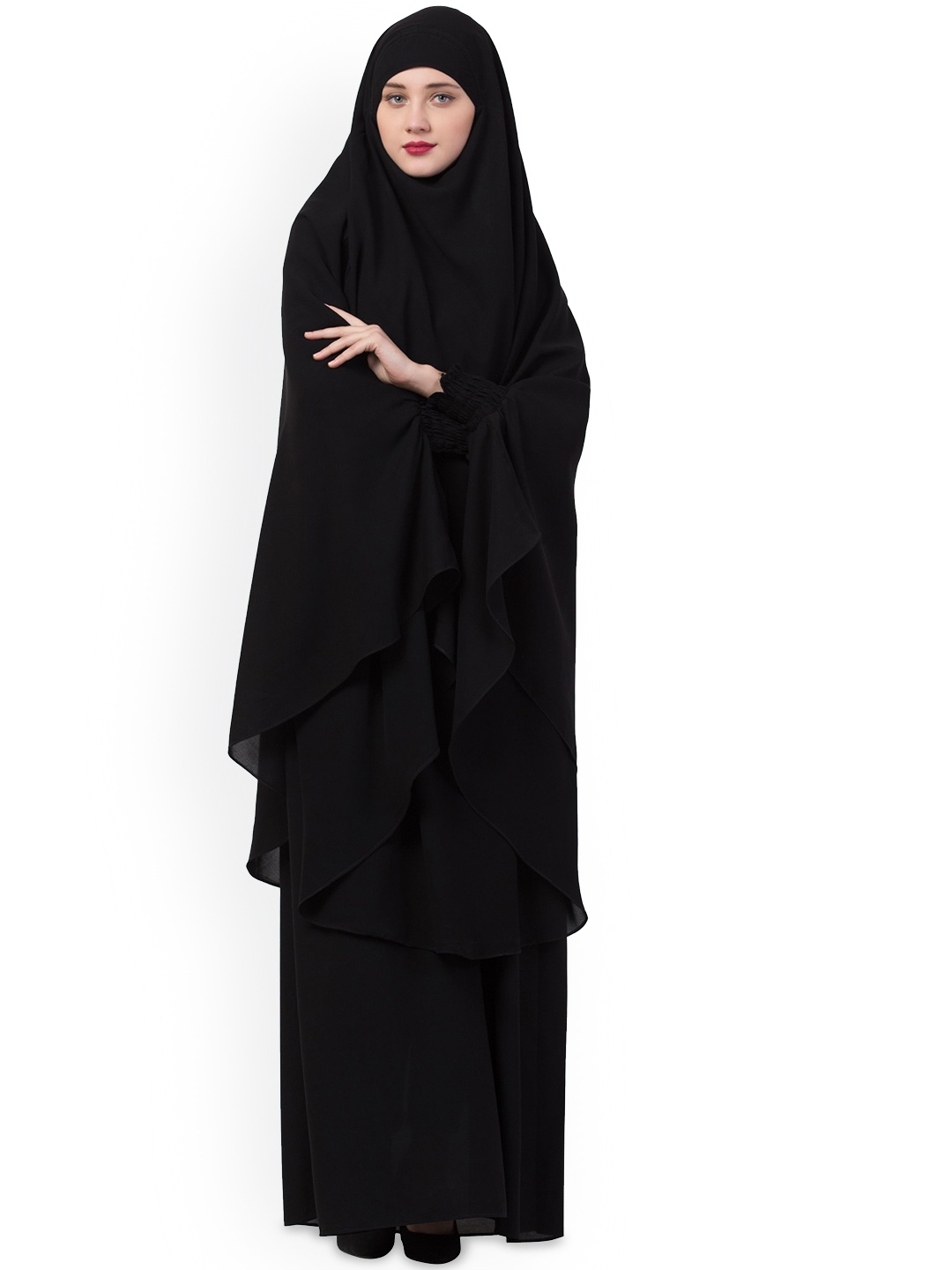 

MUSHKIYA Round Neck Solid 2 Pcs Abyaya and Khimar Hijab Burqas, Black