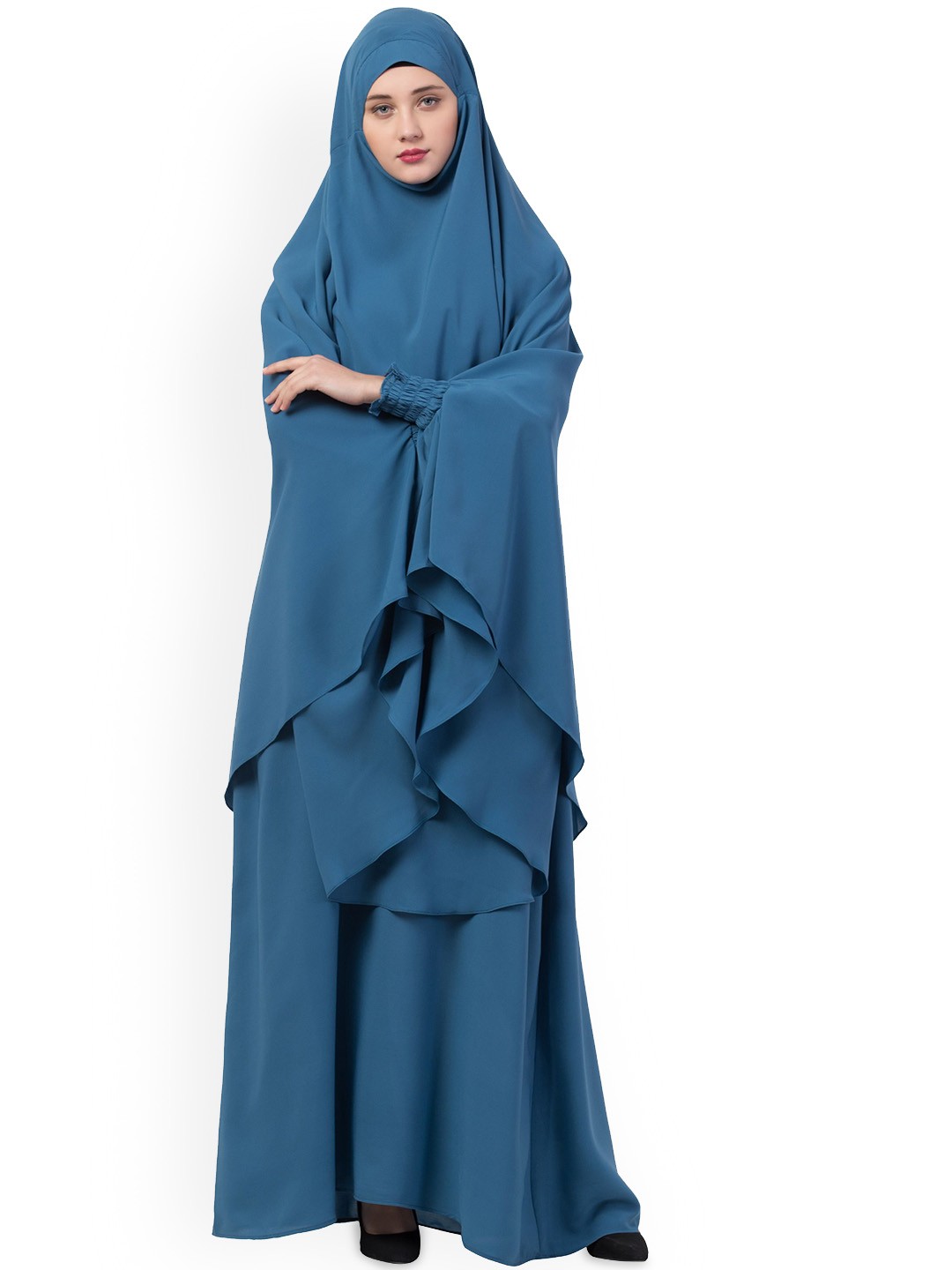 

MUSHKIYA Round Neck Solid 2Pc Abaya With Khimar Burqas, Blue