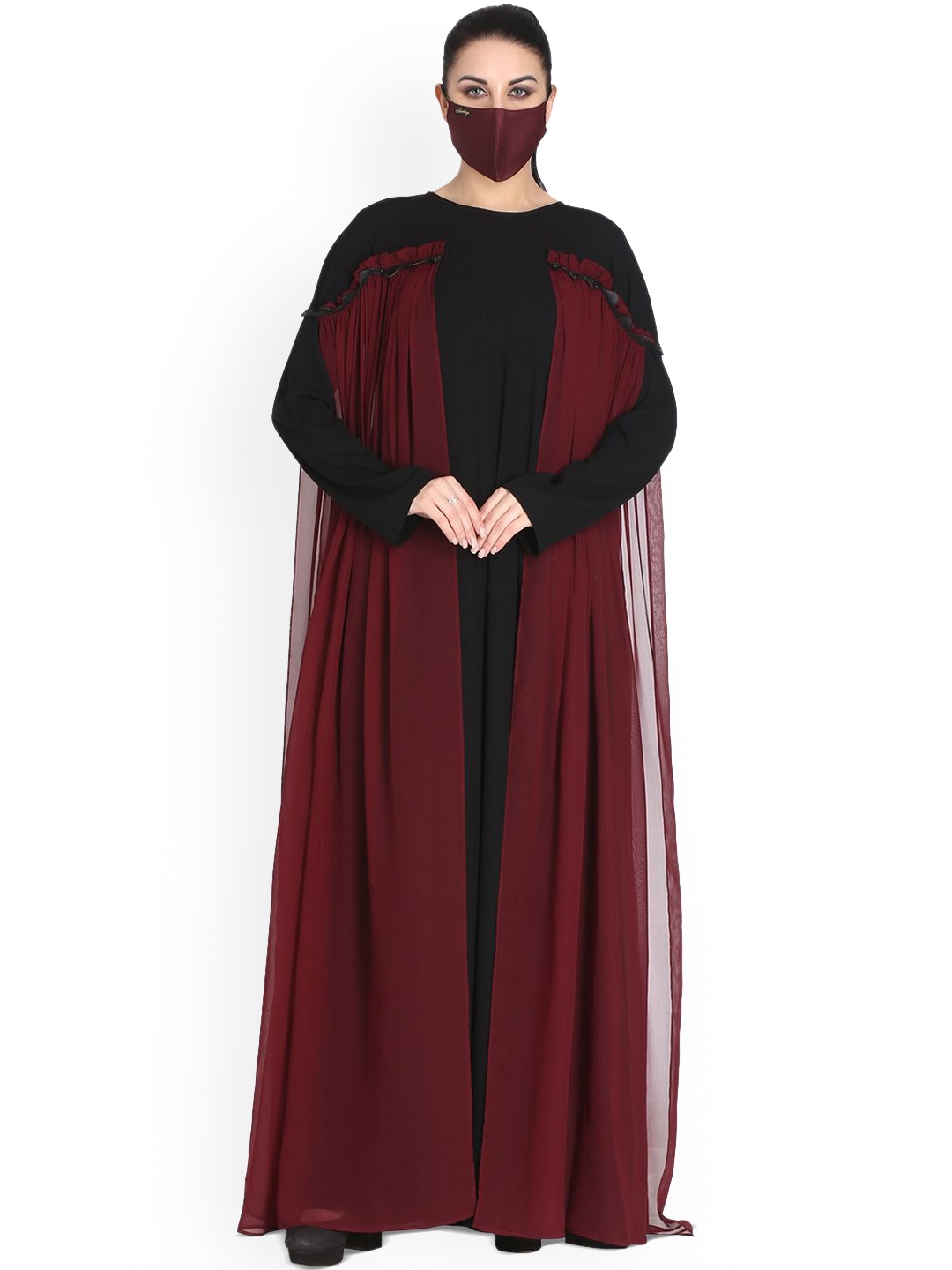 

MUSHKIYA Round Neck Solid Maxi Gown Abaya Burqas With Scarf, Maroon