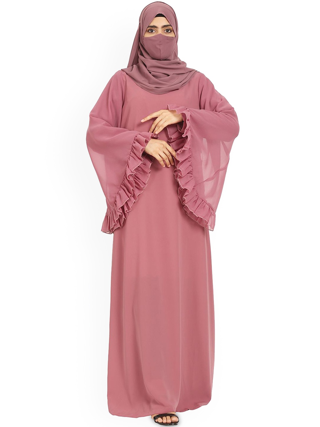 

MUSHKIYA Round Neck Solid Bell Sleeves Abaya Burqa With Scarf, Pink