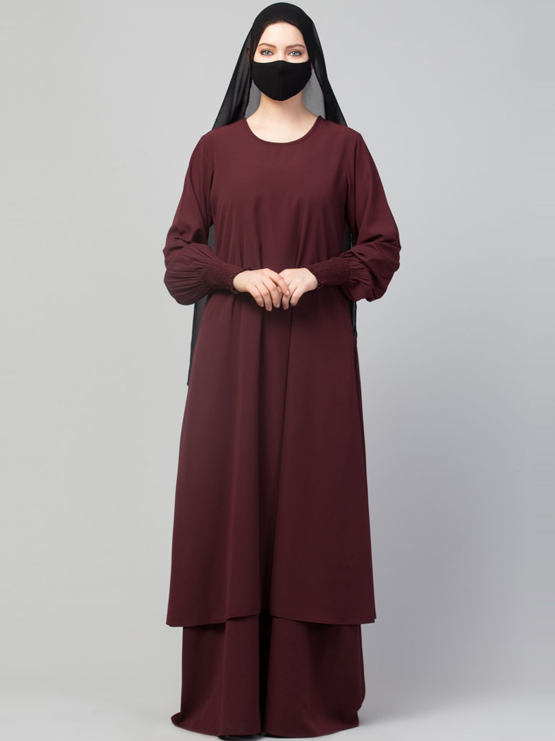 

MUSHKIYA Round Neck Solid 4Pc Abaya Burqas With Khimar Stole & Mouth Piece, Maroon
