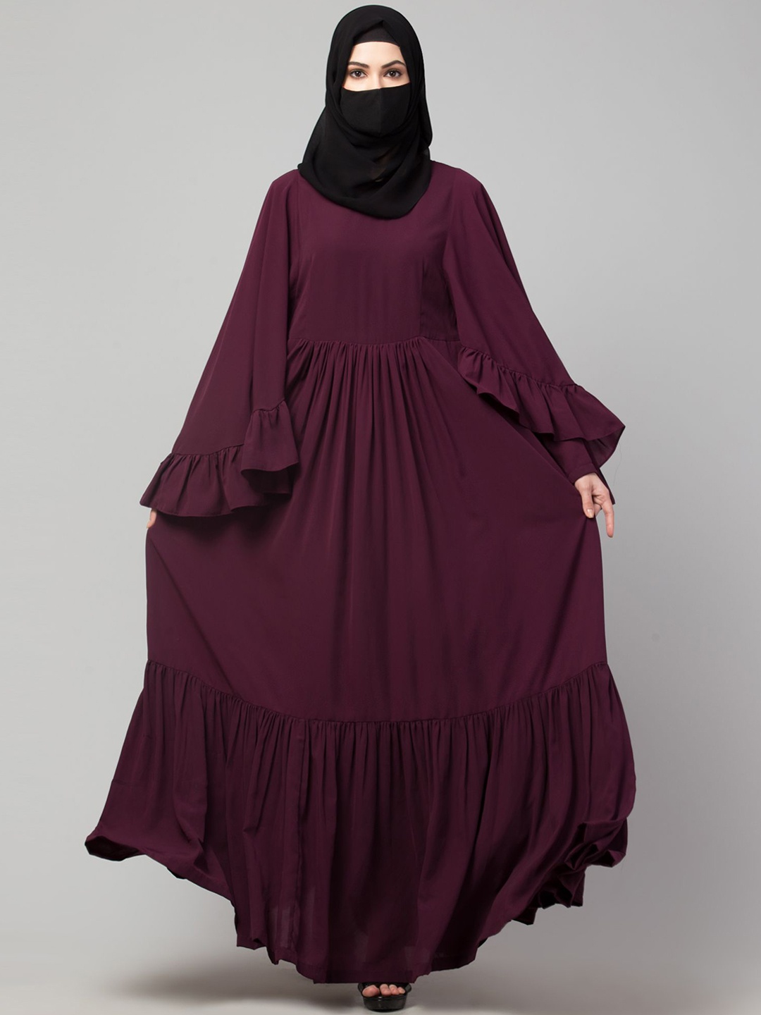 

MUSHKIYA Round Neck Solid Abaya With Frills Burqas & Hijab, Maroon