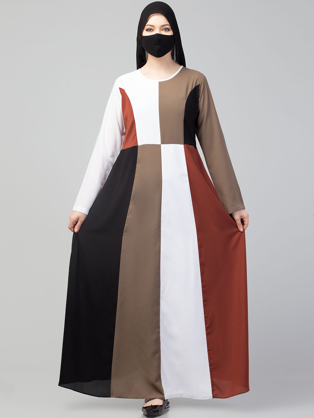 

MUSHKIYA Colorblocked Round Neck Abaya With Scarf, Brown