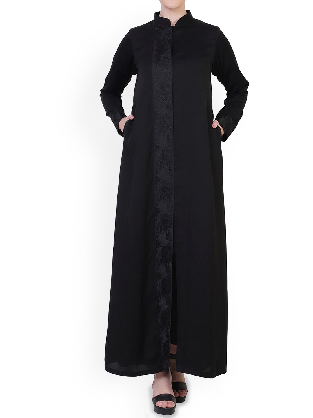 

MUSHKIYA Front Open Abaya With Lacework, Black