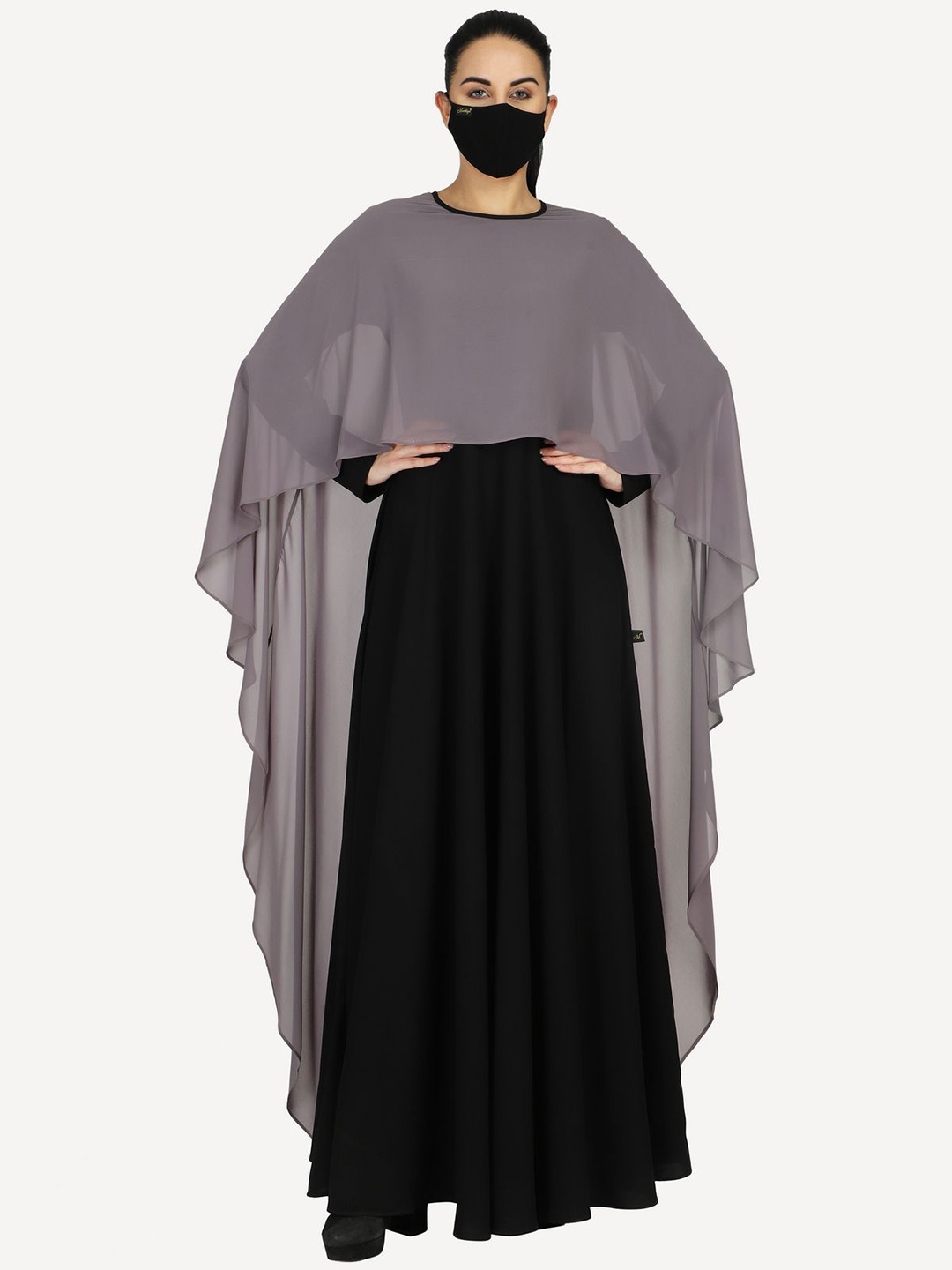 

MUSHKIYA Round Neck Solid Dual Layer Abaya Burqa With Hijab & Shrug, Grey