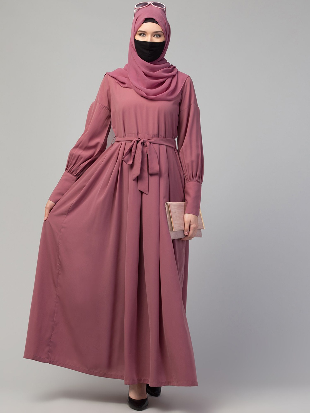 

MUSHKIYA Round Neck Solid Abaya Burqa With Scarf, Pink