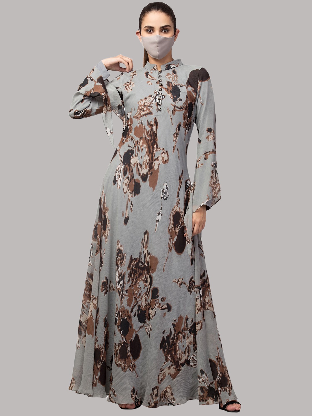 

MUSHKIYA Round Neck Floral Printed Abaya Burqa With Scarf, Grey