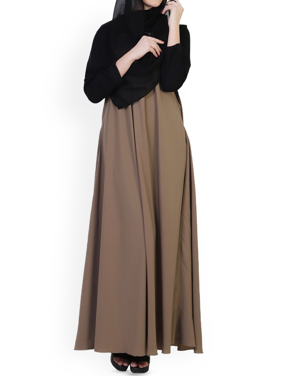 

MUSHKIYA Modest Round Neck Abaya Burqa With Scarf, Khaki