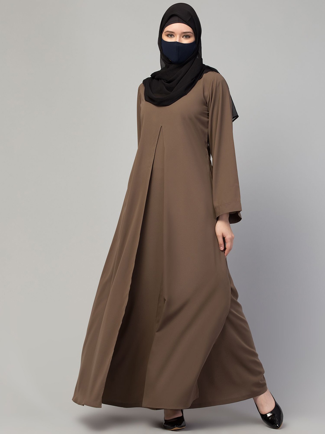 

MUSHKIYA Round Neck Solid Burqas With Scarf, Khaki