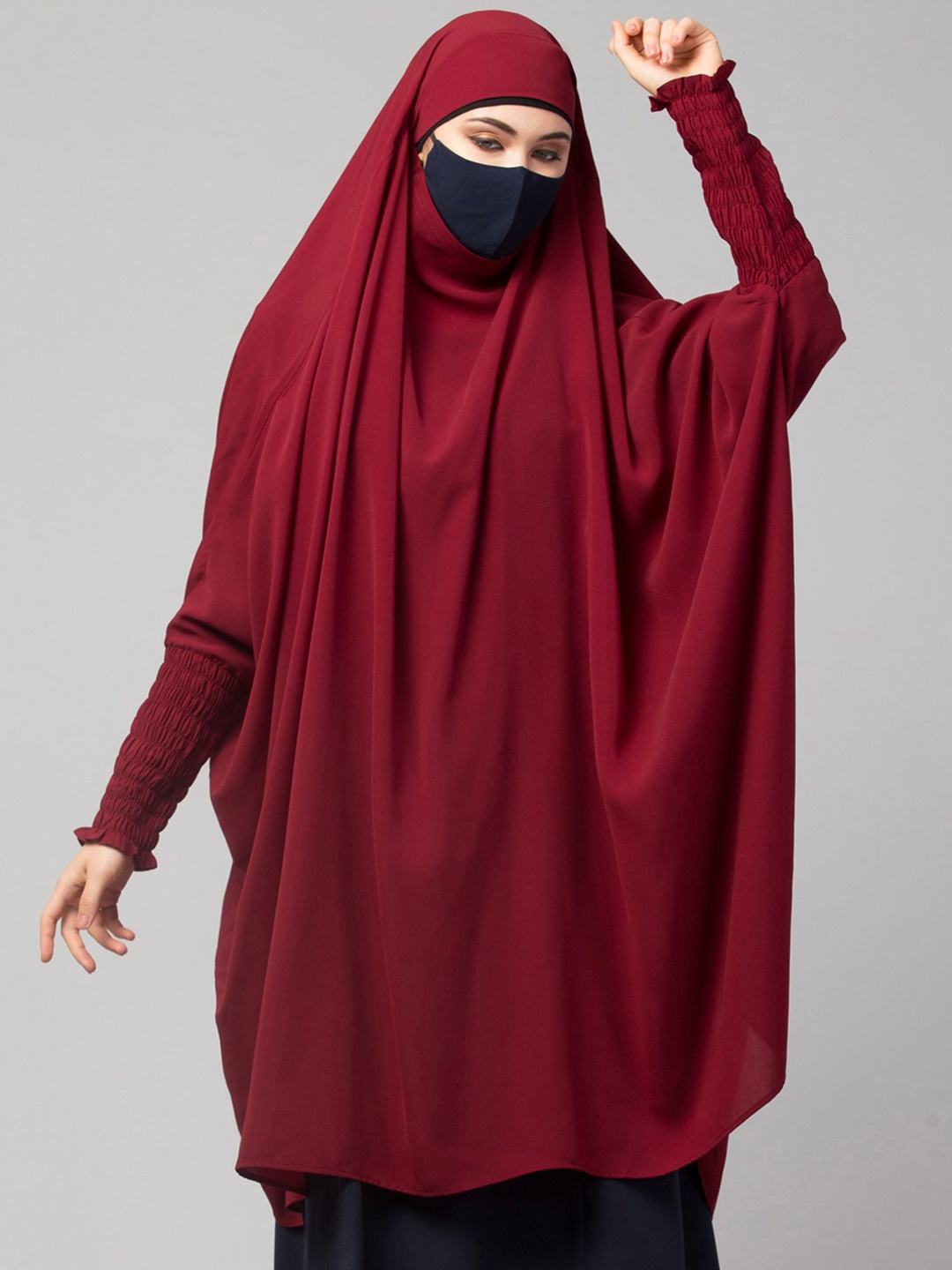 

MUSHKIYA Round Neck Solid Abaya Burqa With Khimar & Adjustable Mouth Piece, Maroon