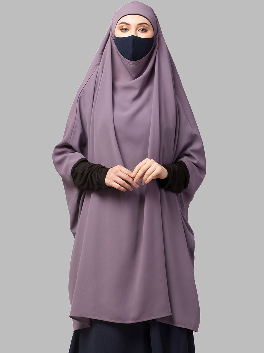 

MUSHKIYA Round Neck Solid Abaya Burqa With Khimar & Adjustable Mouth Piece, Lavender
